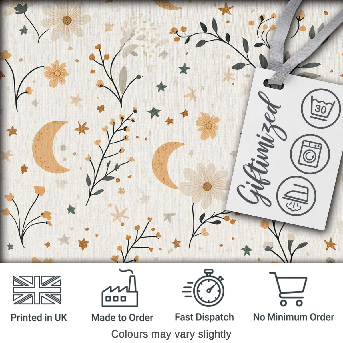 Moon Stars Floral Botanical Seamless Pattern Neutral Background Dreamy Theme Digital Print Fabric by the Metre UK Sewing Quilting Textile