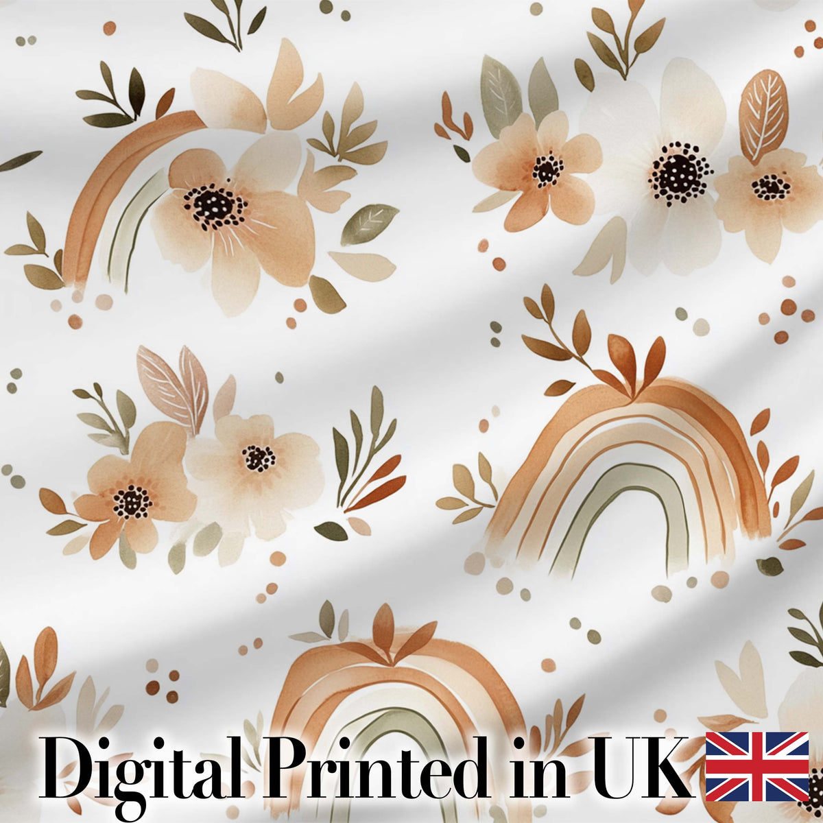 Boho Rainbow Floral Leaves Seamless Pattern Warm Earth Tone Background Digital Print Fabric by the Metre UK Sewing Quilting Textile