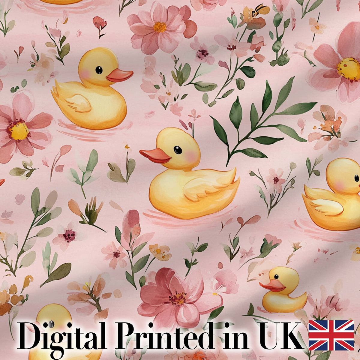 Cute Yellow Duck Floral Seamless Pattern Soft Pink Background Nursery Design Digital Print Fabric by the Metre UK Sewing Quilting Textile