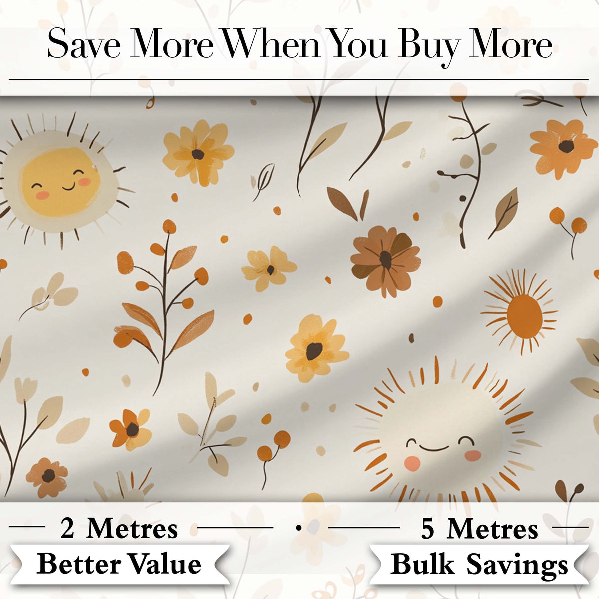 Cute Smiling Sun Floral Leaves Seamless Pattern Warm Neutral Background Digital Print Fabric by the Metre UK Sewing Quilting Textile
