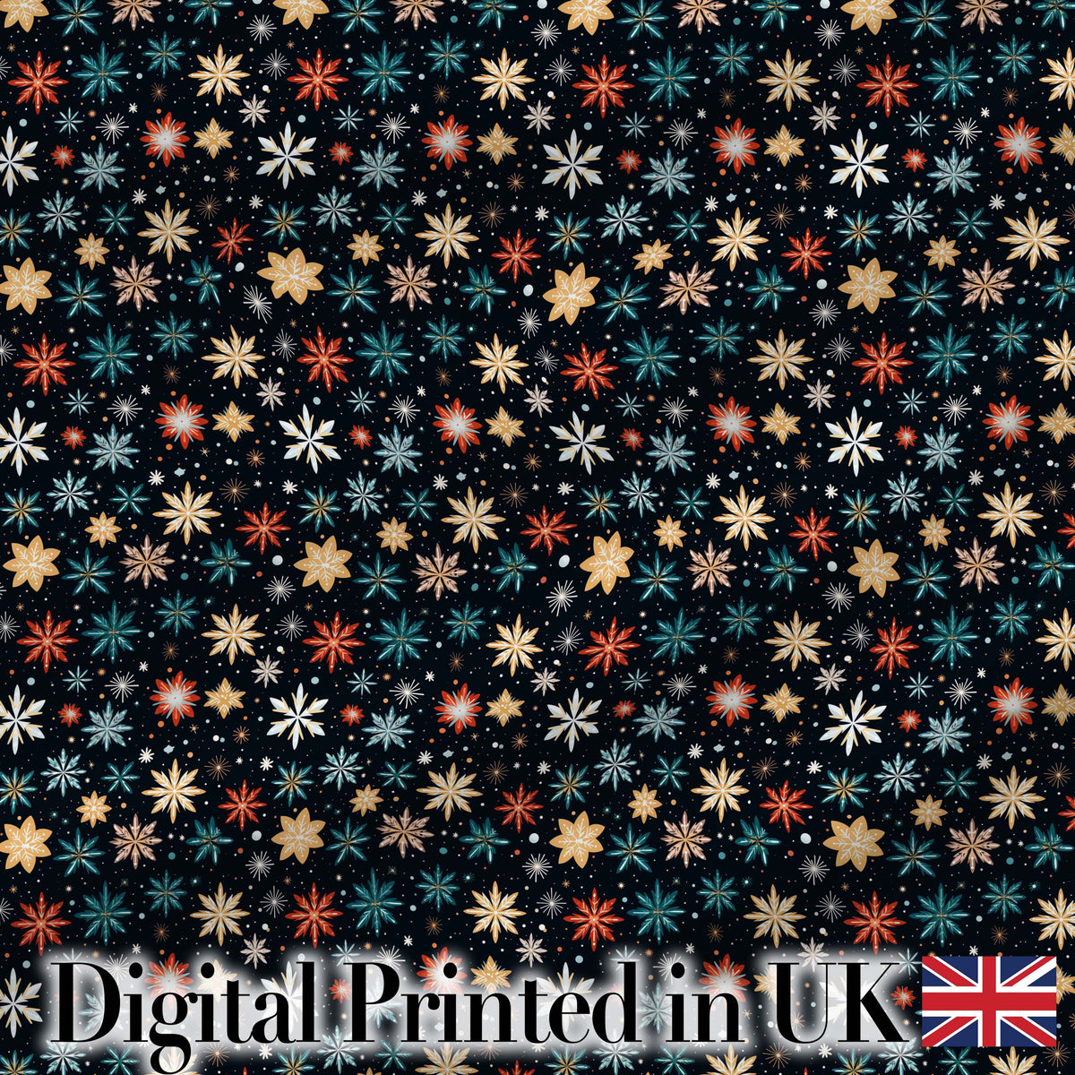 Colorful Starburst Snowflake Dark Seamless Pattern Festive Night Background Digital Print Fabric by the Metre UK Sewing Quilting Textile