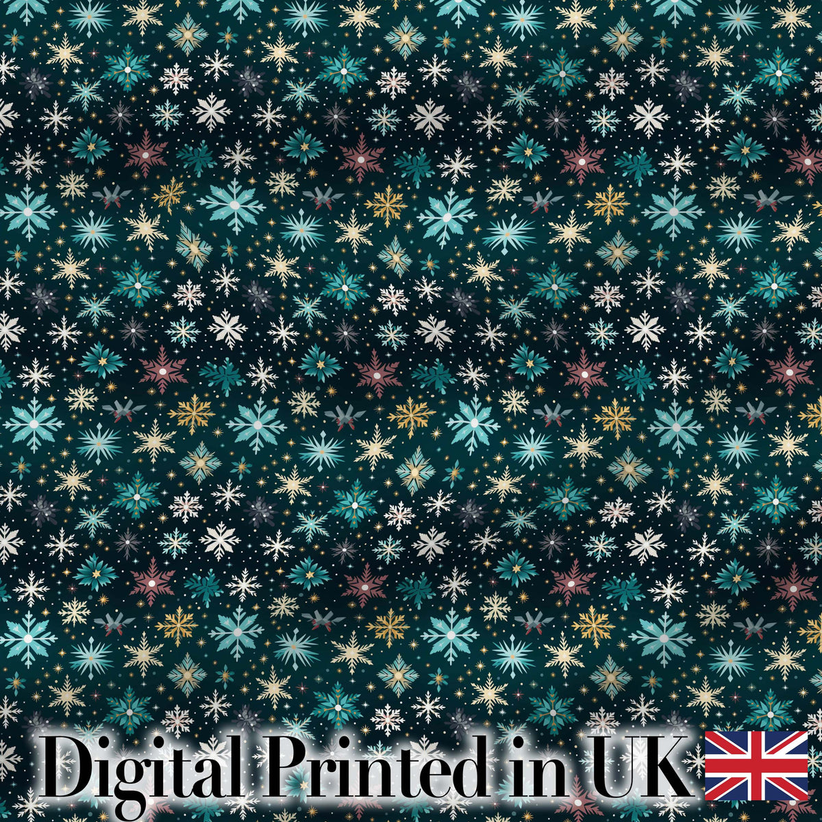 Teal Gold Snowflake Star Seamless Pattern Elegant Winter Night Background Digital Print Fabric by the Metre UK Sewing Quilting Textile