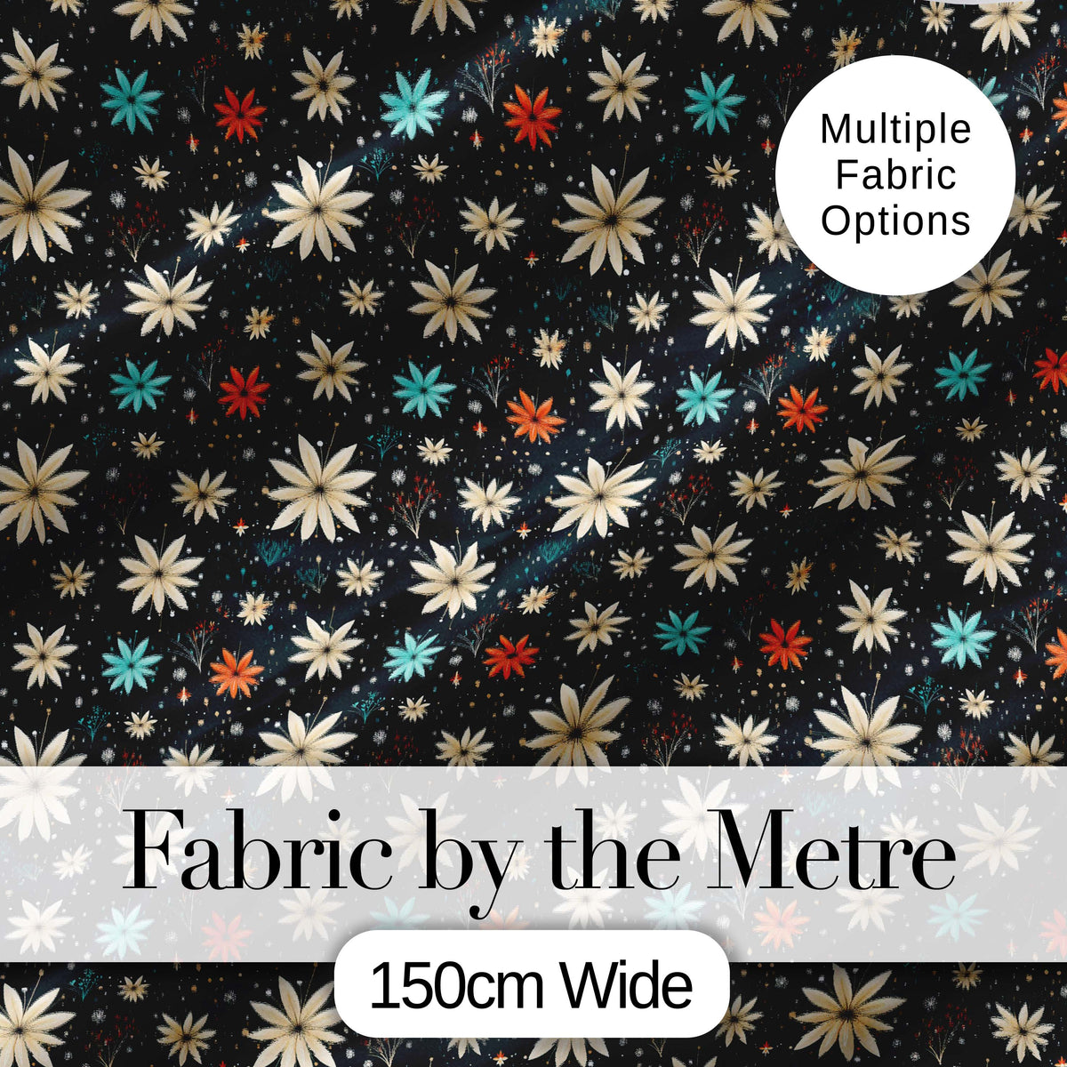Dark Floral Starburst Winter Seamless Pattern Elegant Night Garden Design Digital Print Fabric by the Metre UK Sewing Quilting Textile