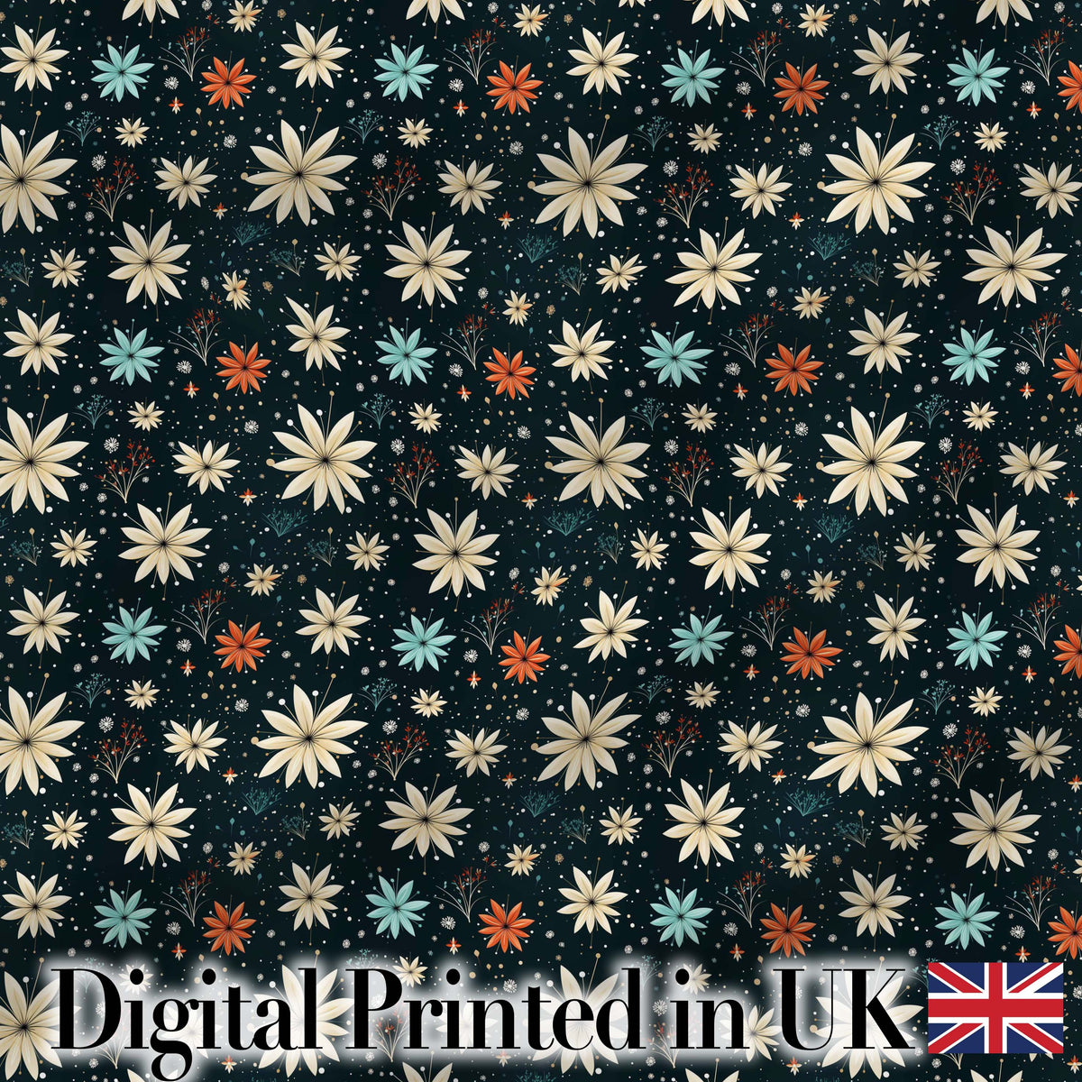 Dark Floral Starburst Winter Seamless Pattern Elegant Night Garden Design Digital Print Fabric by the Metre UK Sewing Quilting Textile