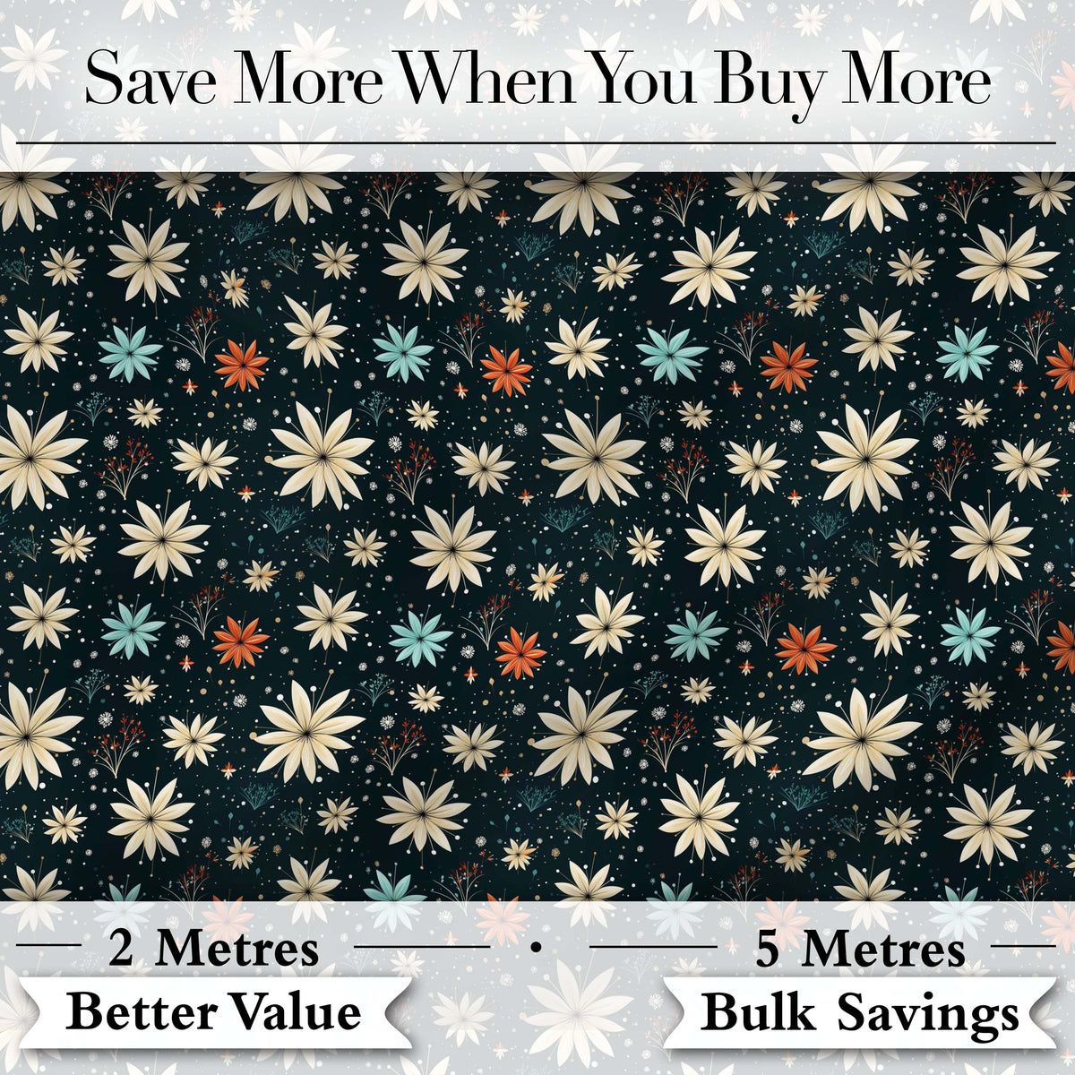 Dark Floral Starburst Winter Seamless Pattern Elegant Night Garden Design Digital Print Fabric by the Metre UK Sewing Quilting Textile