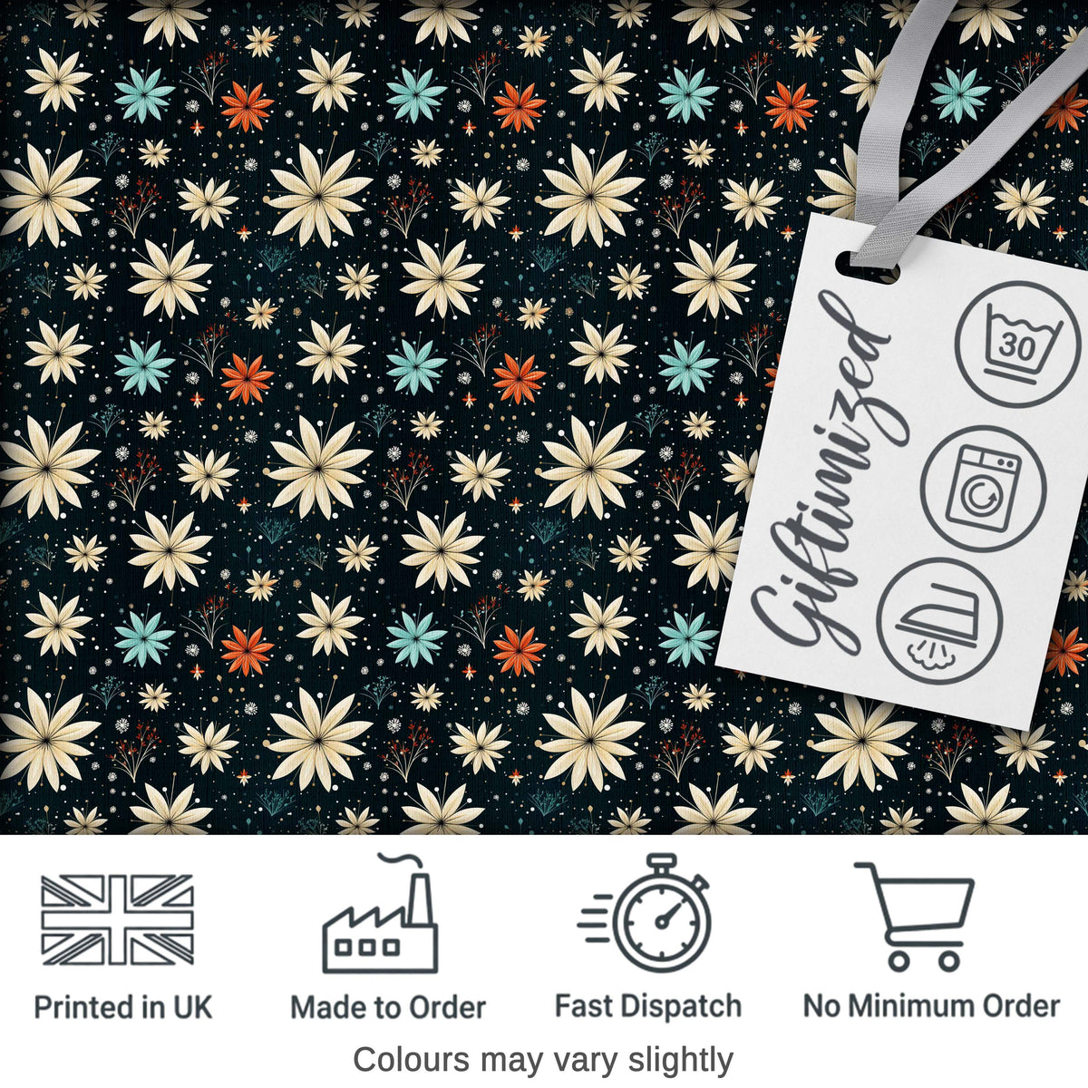 Dark Floral Starburst Winter Seamless Pattern Elegant Night Garden Design Digital Print Fabric by the Metre UK Sewing Quilting Textile