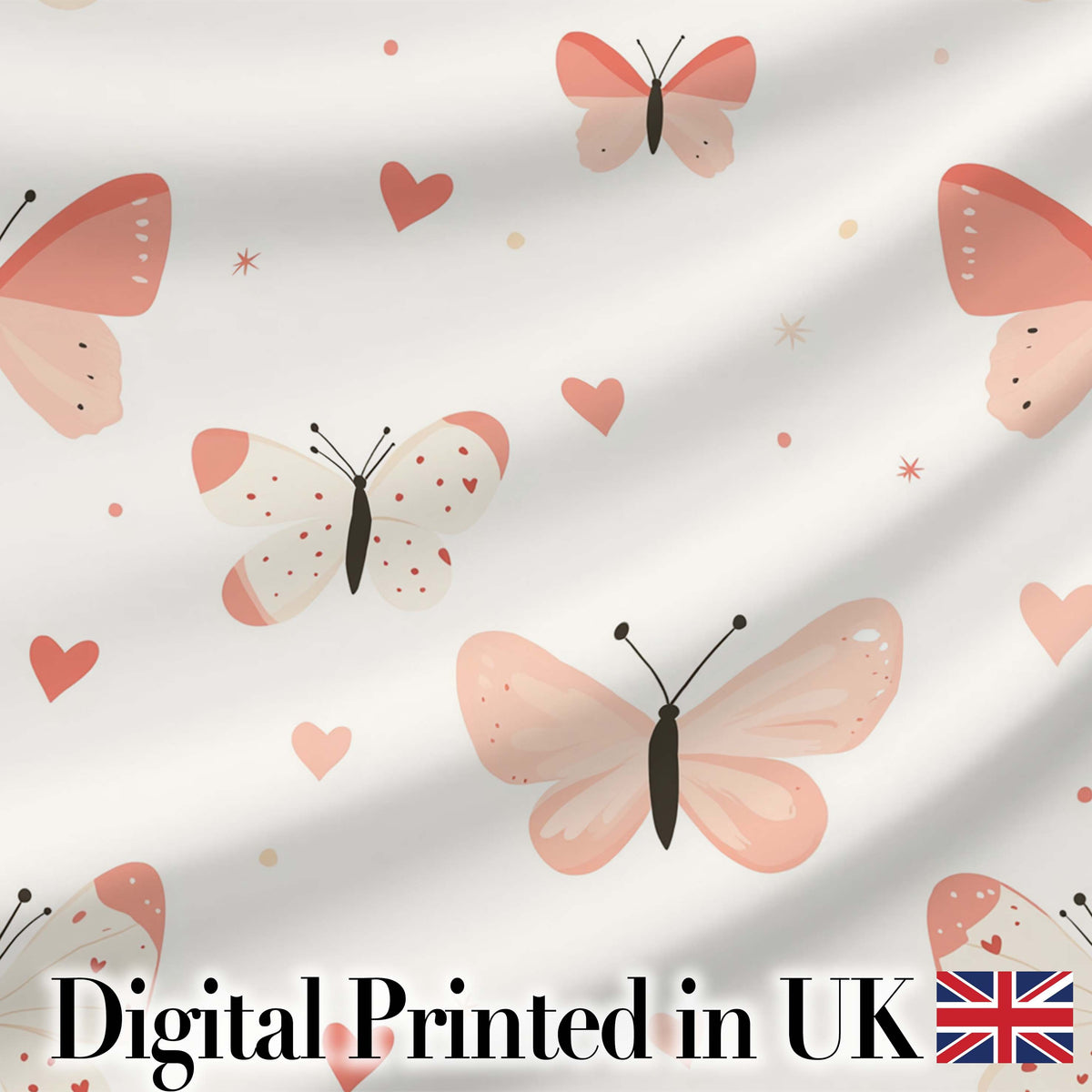 Soft Butterfly Hearts Pastel Seamless Pattern Cute Romantic Design Digital Print Fabric by the Metre UK Sewing Quilting Textile