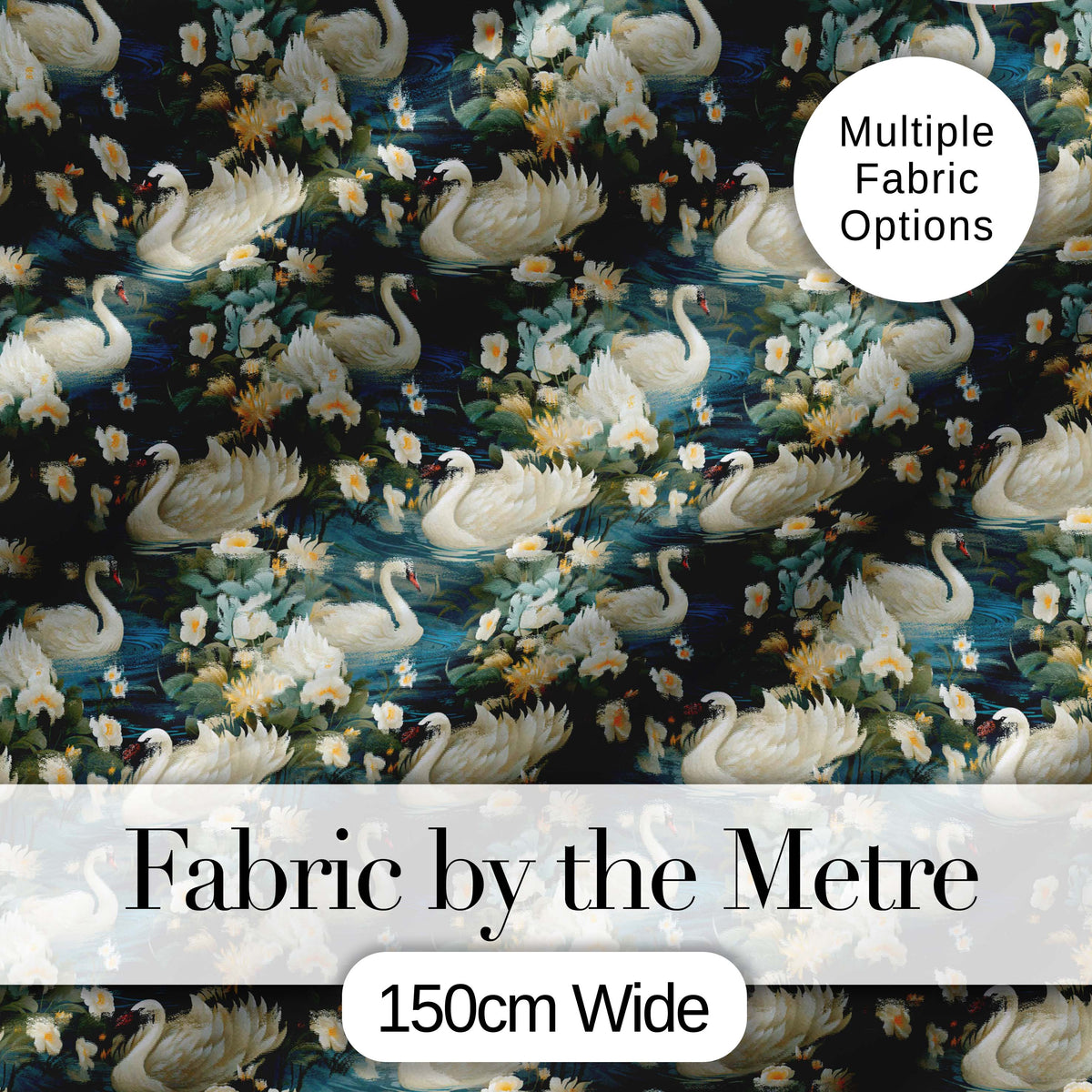 Elegant White Swan Floral Lake Seamless Pattern Vintage Nature Water Garden Digital Print Fabric by the Metre UK Sewing Quilting Textile
