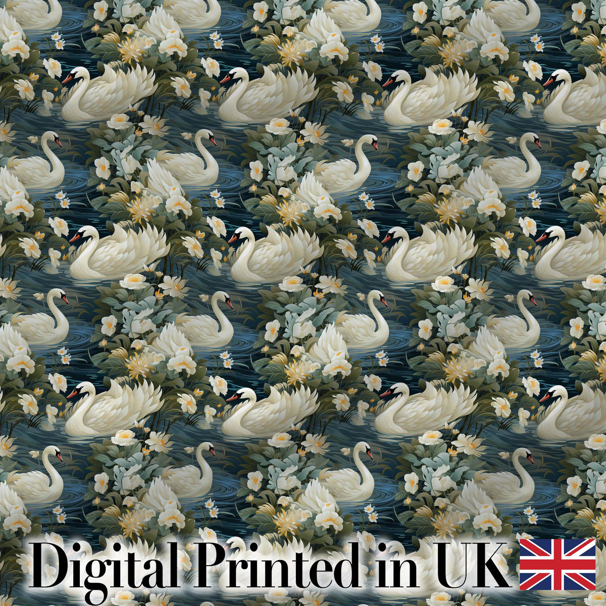 Elegant White Swan Floral Lake Seamless Pattern Vintage Nature Water Garden Digital Print Fabric by the Metre UK Sewing Quilting Textile
