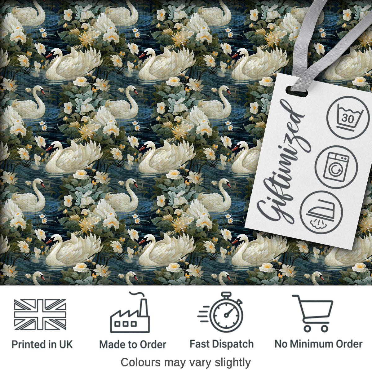 Elegant White Swan Floral Lake Seamless Pattern Vintage Nature Water Garden Digital Print Fabric by the Metre UK Sewing Quilting Textile