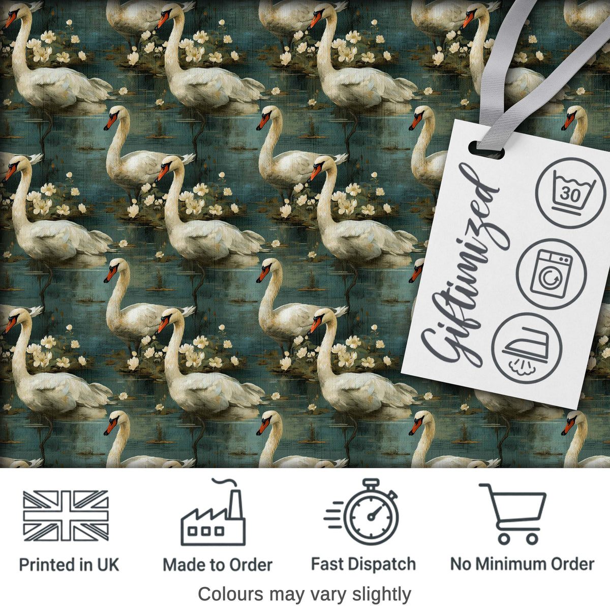 Graceful Swan Lake Floral Seamless Pattern Classic Botanical Water Scene Digital Print Fabric by the Metre UK Sewing Quilting Textile