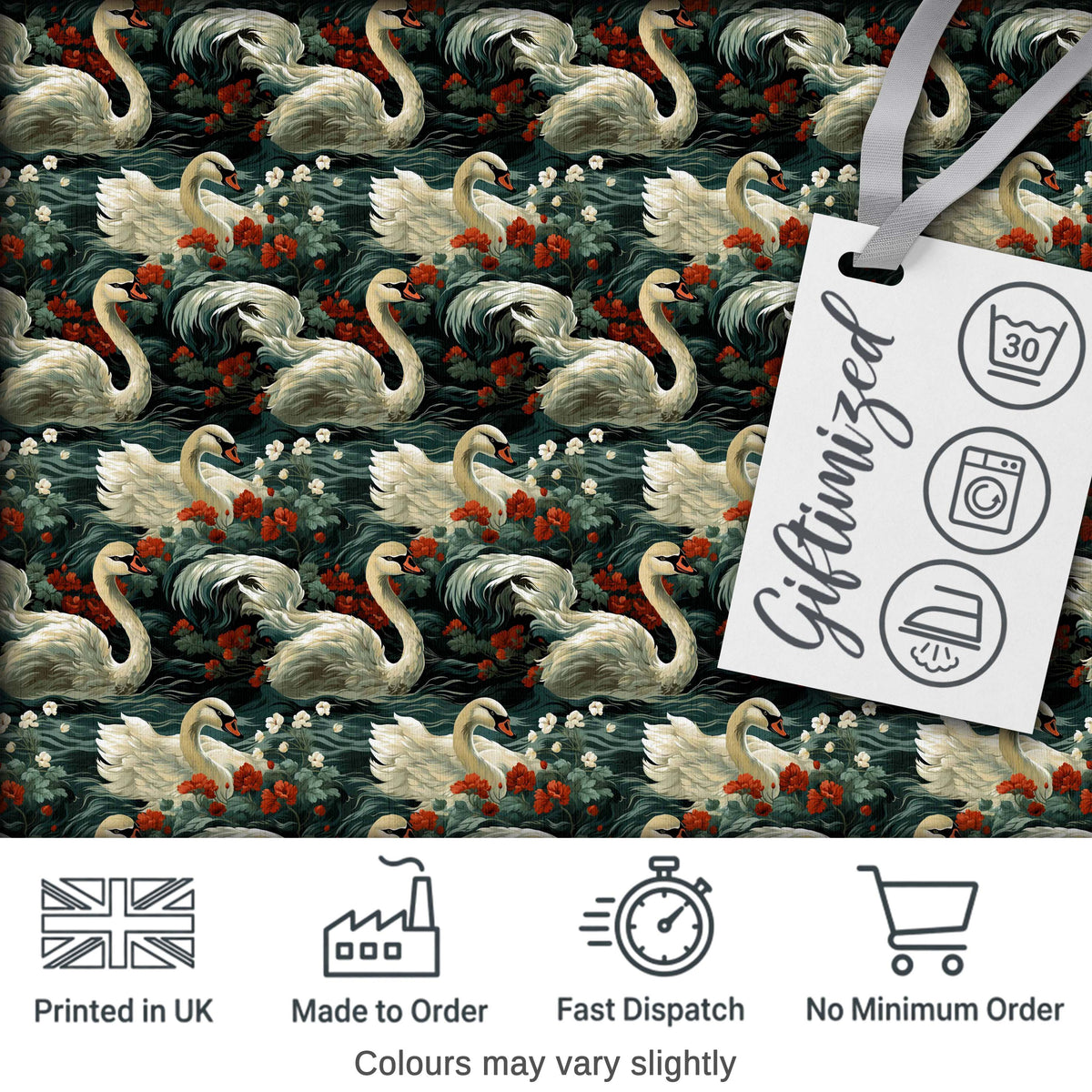 Dark Swan Floral Water Garden Seamless Pattern Vintage Nature Artistic Design Digital Print Fabric by the Metre UK Sewing Quilting Textile