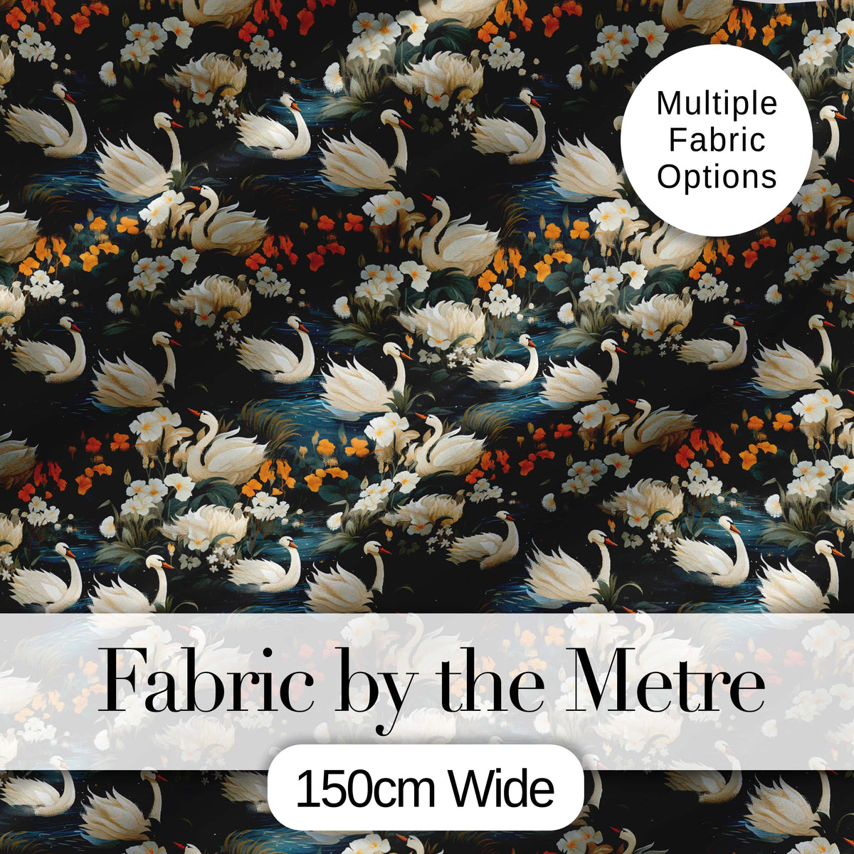 Luxury Swan Floral Night Lake Seamless Pattern Elegant Botanical Scene Digital Print Fabric by the Metre UK Sewing Quilting Textile