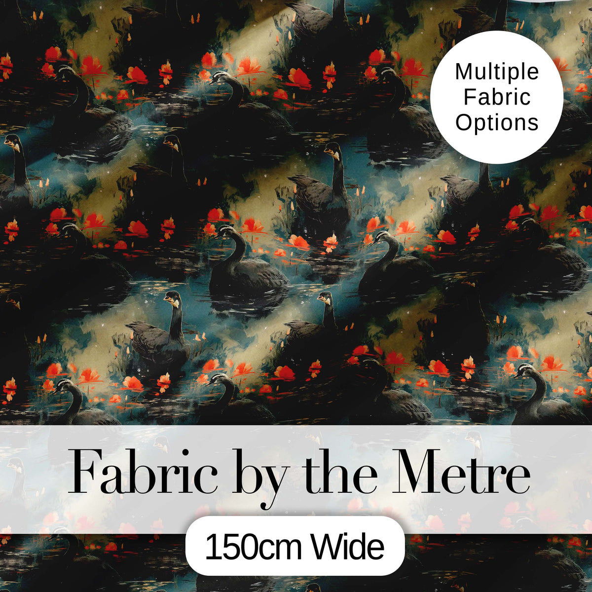 Black Swan Floral Water Reflection Seamless Pattern Moody Nature Design Digital Print Fabric by the Metre UK Sewing Quilting Textile