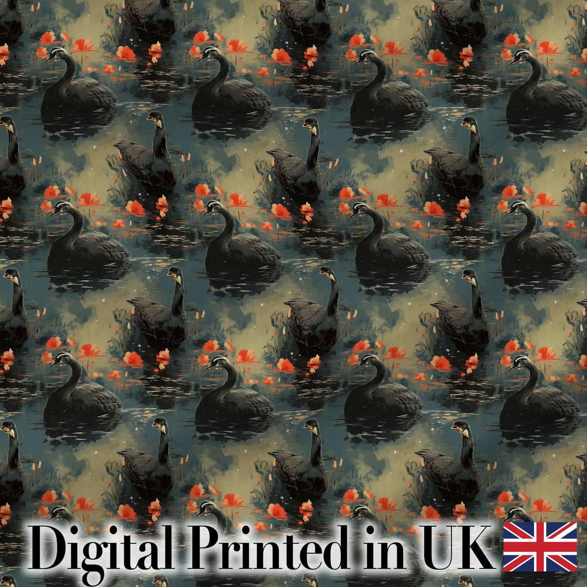 Black Swan Floral Water Reflection Seamless Pattern Moody Nature Design Digital Print Fabric by the Metre UK Sewing Quilting Textile