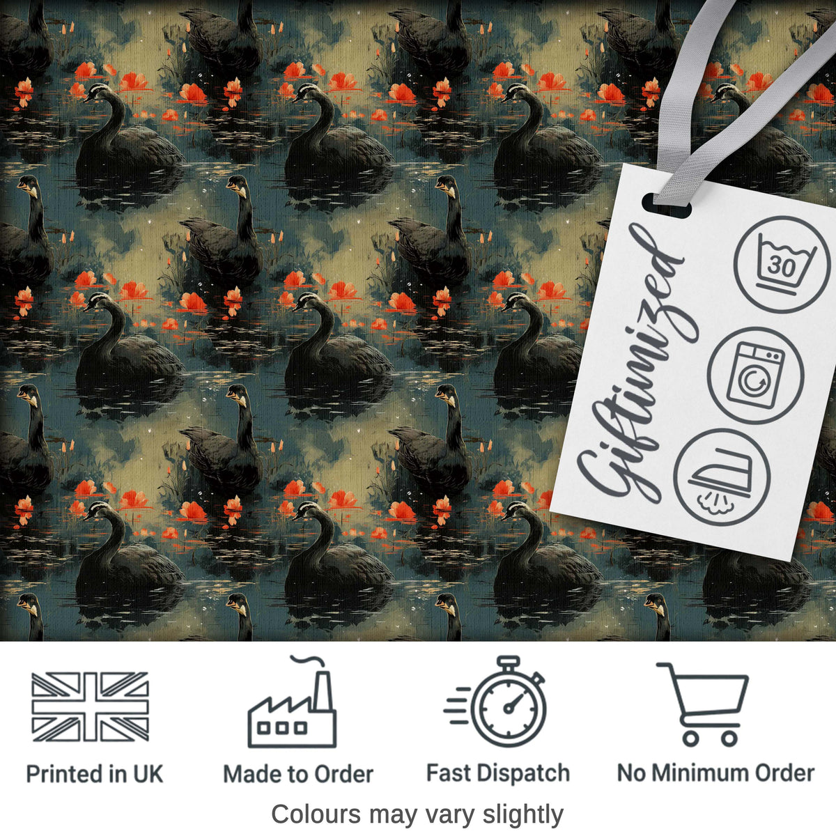 Black Swan Floral Water Reflection Seamless Pattern Moody Nature Design Digital Print Fabric by the Metre UK Sewing Quilting Textile