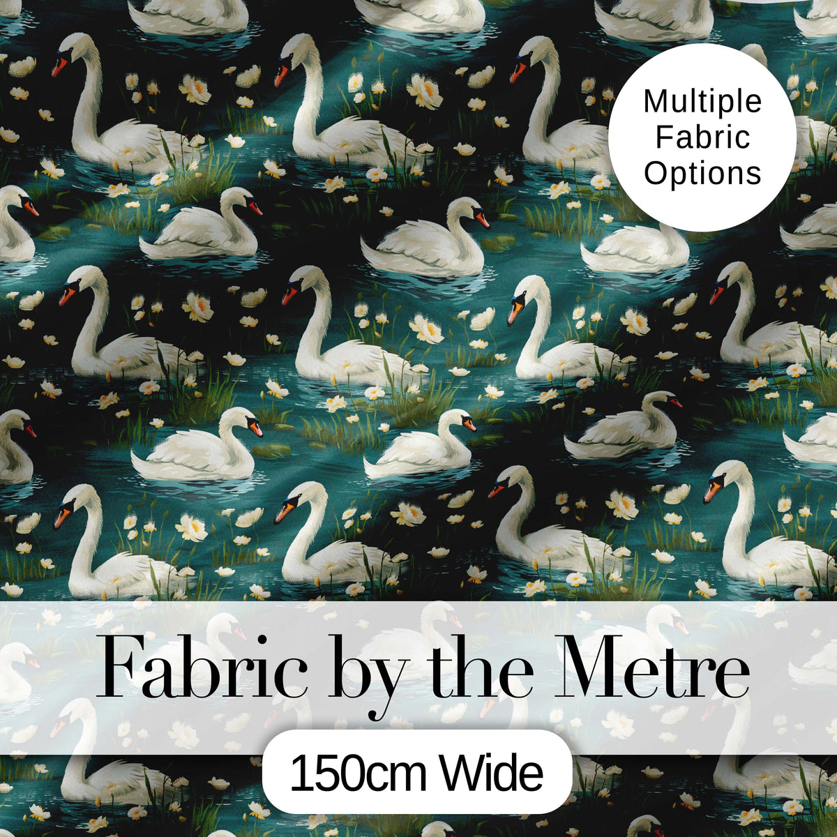 Soft Swan Lake Floral Seamless Pattern Calm Nature Botanical Scene Digital Print Fabric by the Metre UK Sewing Quilting Textile