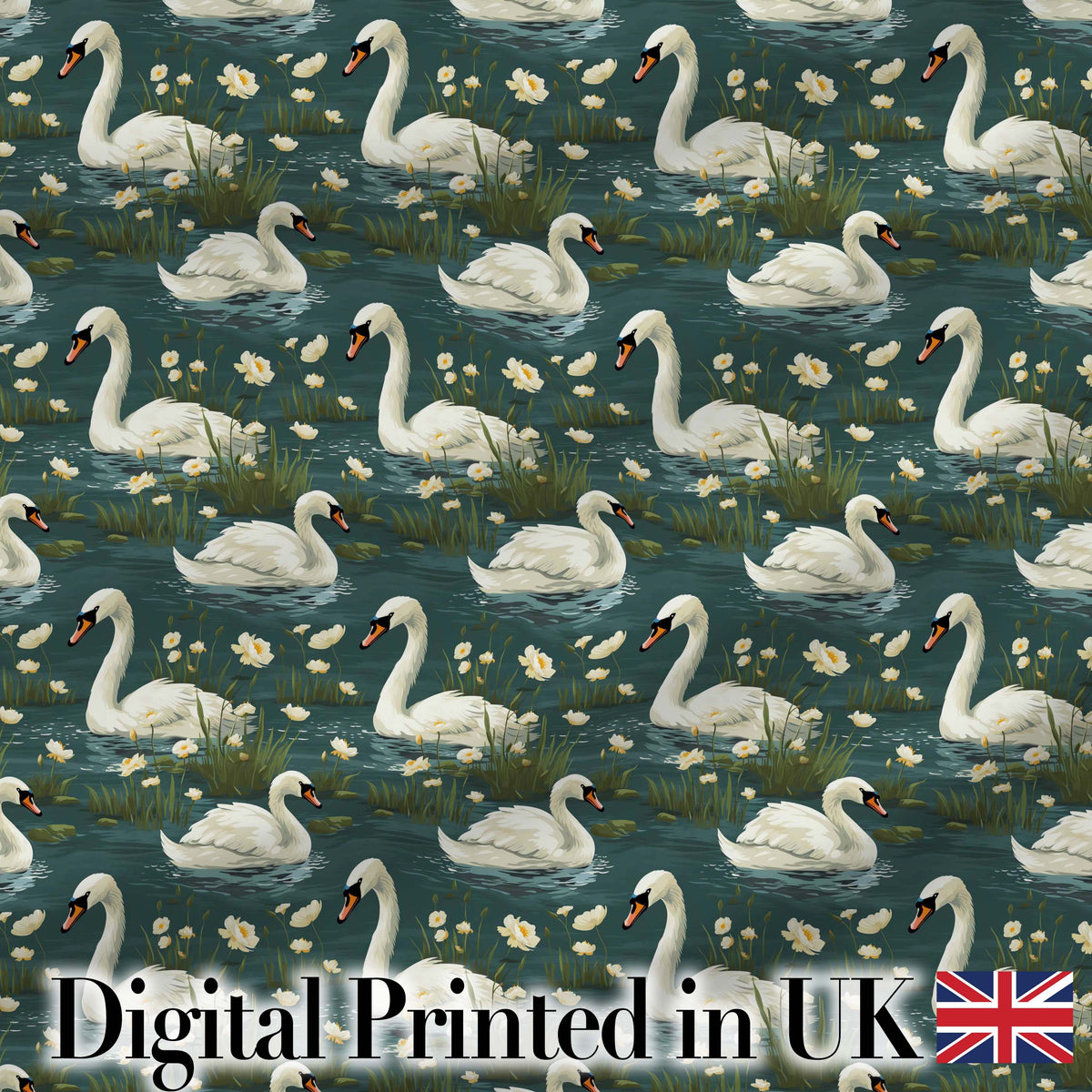 Soft Swan Lake Floral Seamless Pattern Calm Nature Botanical Scene Digital Print Fabric by the Metre UK Sewing Quilting Textile