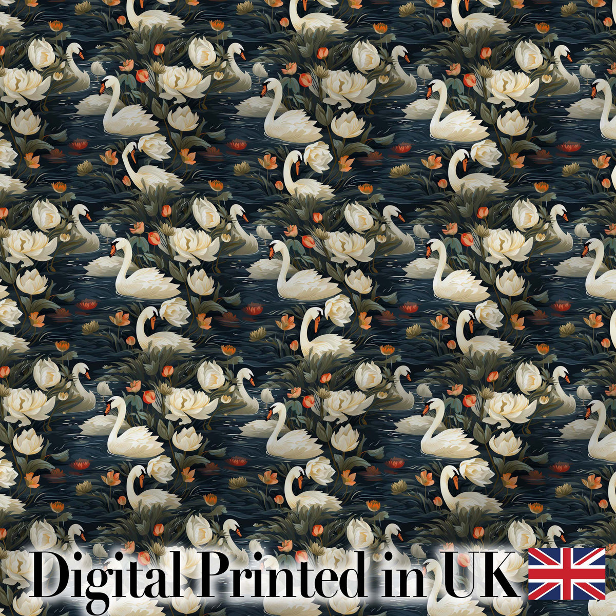 White Swan Tulip Floral Seamless Pattern Elegant Water Garden Design Digital Print Fabric by the Metre UK Sewing Quilting Textile