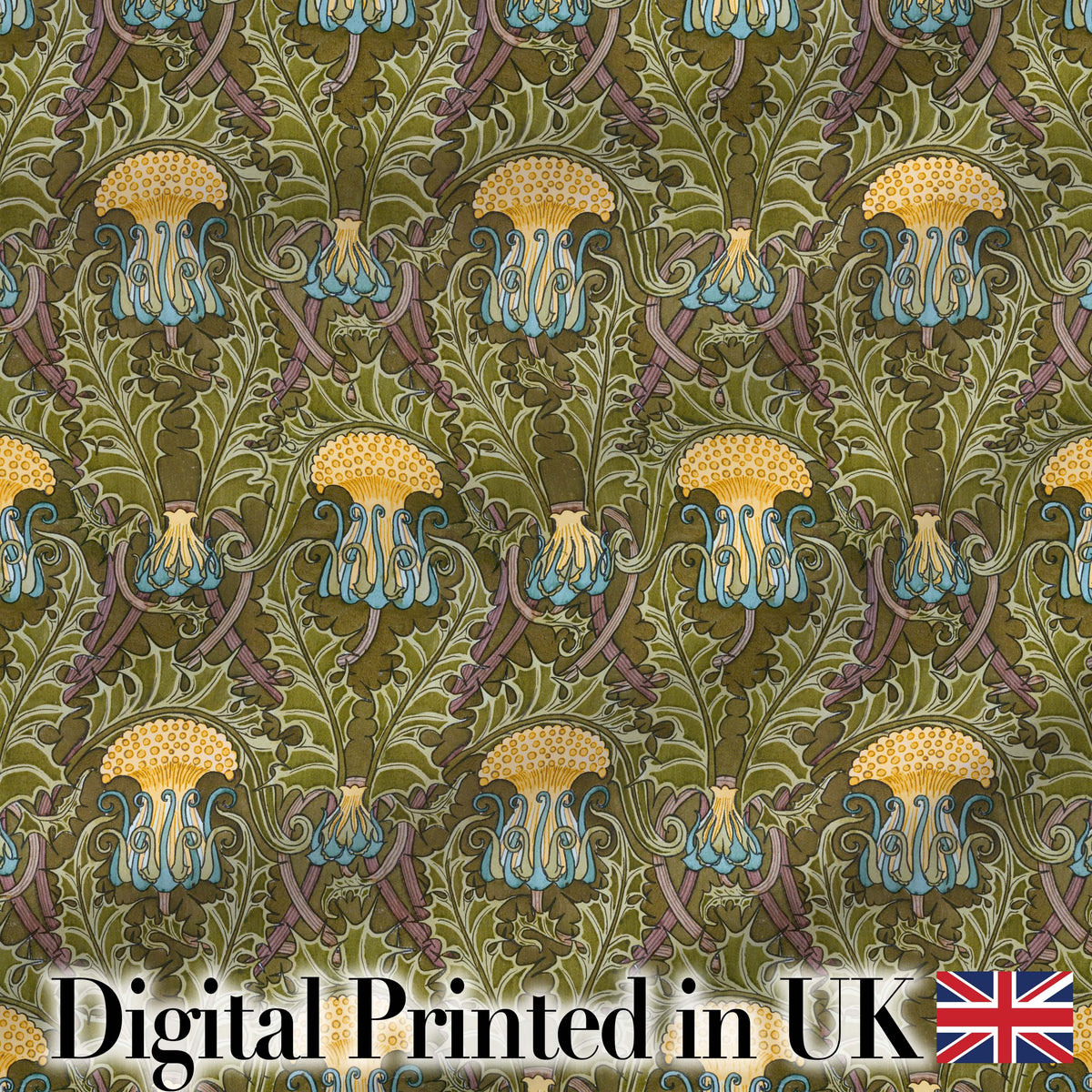 Vintage Art Nouveau Floral Thistle Pattern in Green Seamless Digital Print Fabric by the Metre UK Sewing Quilting Textile