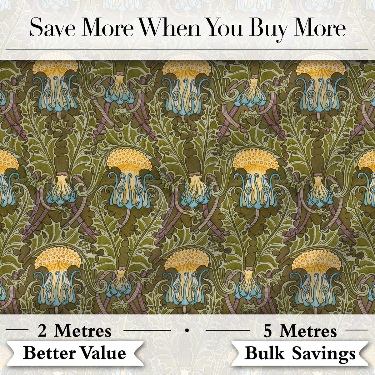 Vintage Art Nouveau Floral Thistle Pattern in Green Seamless Digital Print Fabric by the Metre UK Sewing Quilting Textile