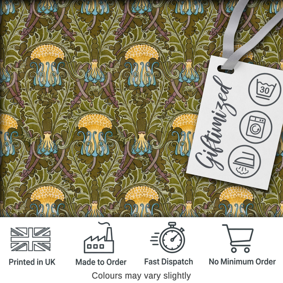 Vintage Art Nouveau Floral Thistle Pattern in Green Seamless Digital Print Fabric by the Metre UK Sewing Quilting Textile