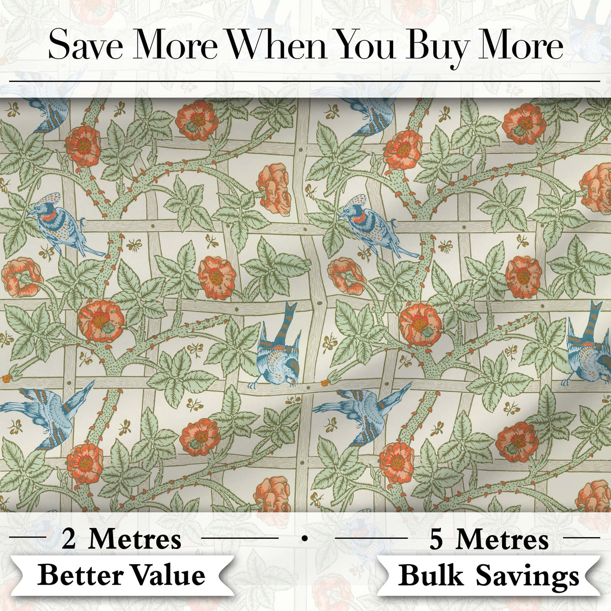 Vintage Birds and Roses Trellis Garden Pattern Seamless Digital Print Fabric by the Metre UK Sewing Quilting Textile