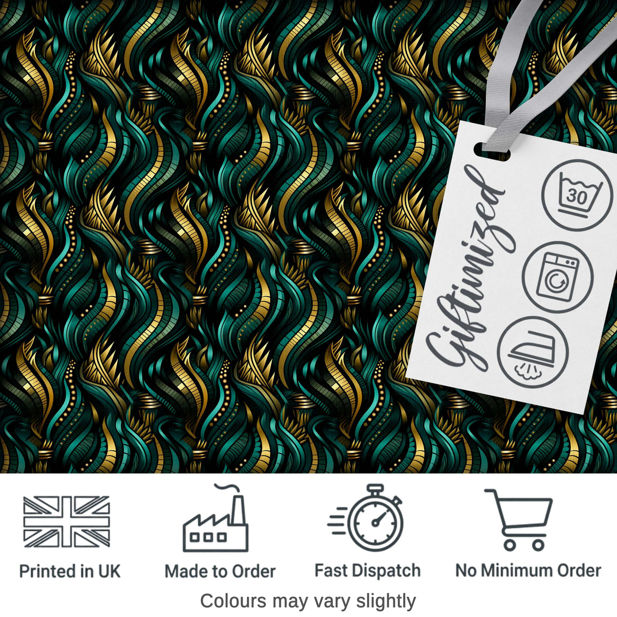 Luxury Art Deco Gold Teal Abstract Wave Pattern Seamless Digital Print Fabric by the Metre UK Sewing Quilting Textile