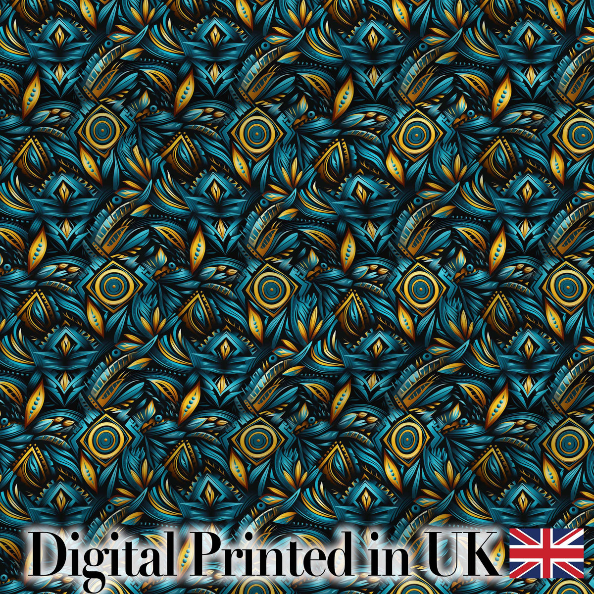 Luxury Teal Gold Geometric Art Deco Floral Pattern Seamless Digital Print Fabric by the Metre UK Sewing Quilting Textile
