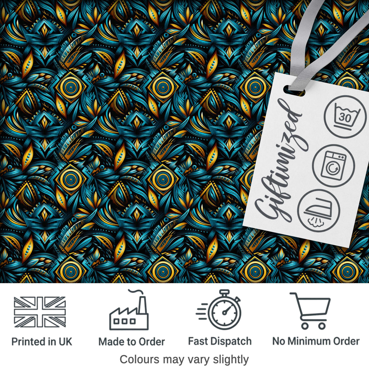 Luxury Teal Gold Geometric Art Deco Floral Pattern Seamless Digital Print Fabric by the Metre UK Sewing Quilting Textile