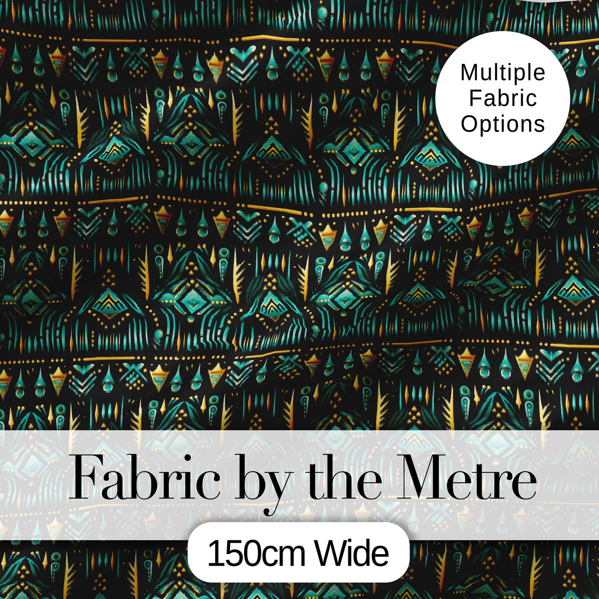 Dark Tribal Geometric Ethnic Pattern in Gold Teal Seamless Digital Print Fabric by the Metre UK Sewing Quilting Textile