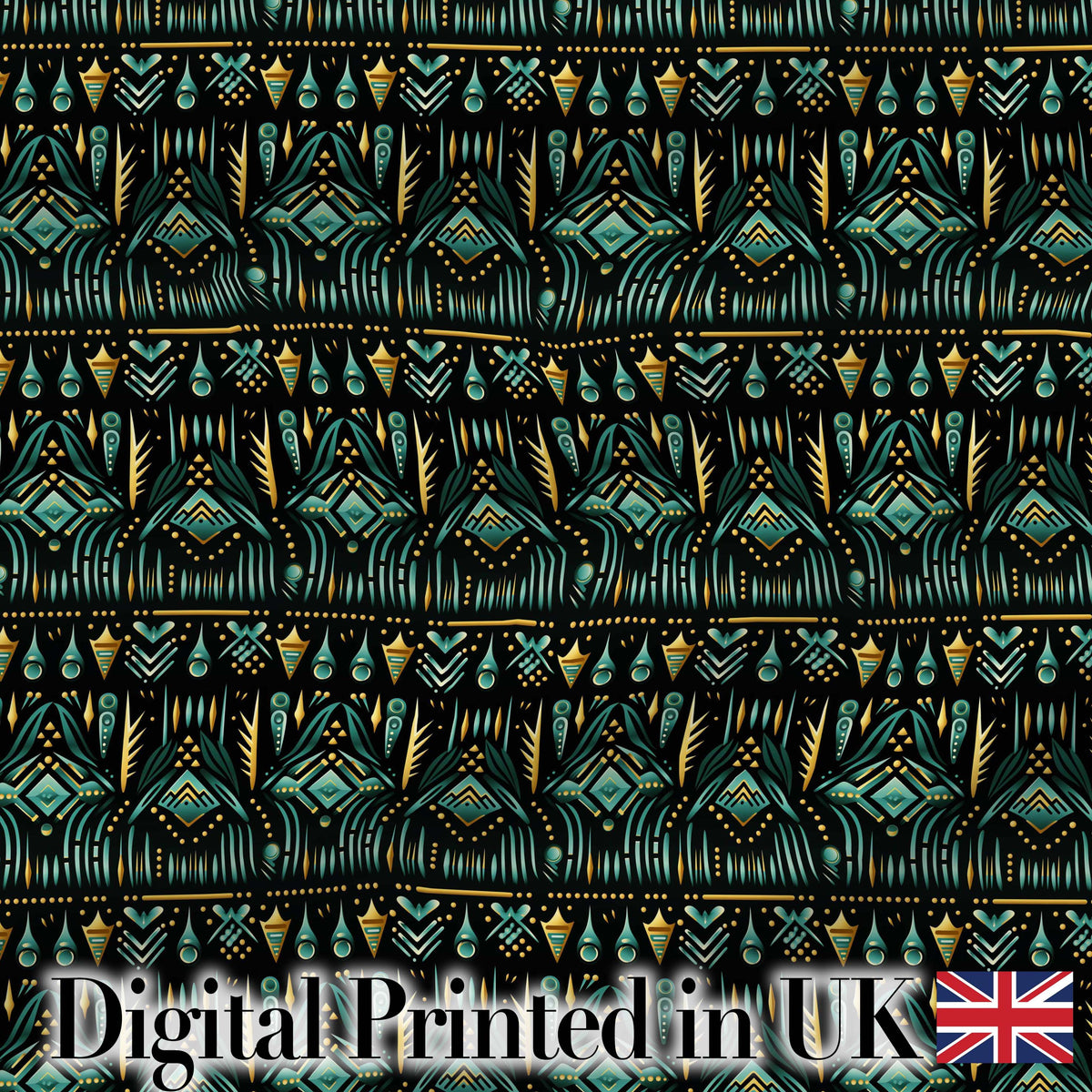 Dark Tribal Geometric Ethnic Pattern in Gold Teal Seamless Digital Print Fabric by the Metre UK Sewing Quilting Textile