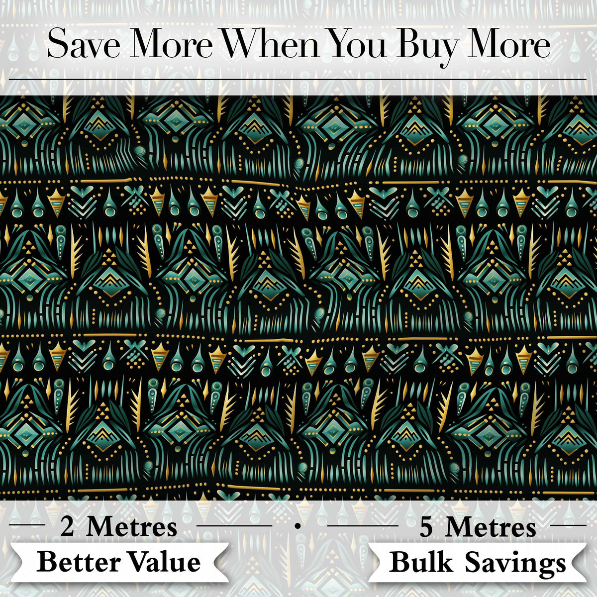 Dark Tribal Geometric Ethnic Pattern in Gold Teal Seamless Digital Print Fabric by the Metre UK Sewing Quilting Textile