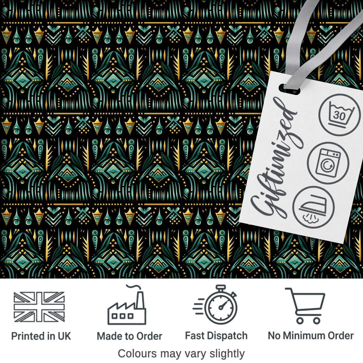 Dark Tribal Geometric Ethnic Pattern in Gold Teal Seamless Digital Print Fabric by the Metre UK Sewing Quilting Textile