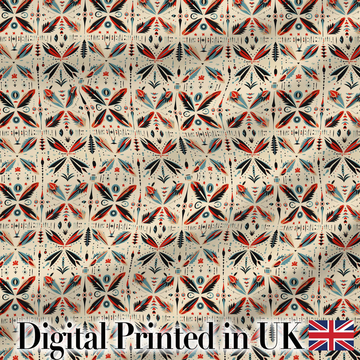 Abstract Retro Geometric Floral Pattern in Red Blue Seamless Digital Print Fabric by the Metre UK Sewing Quilting Textile