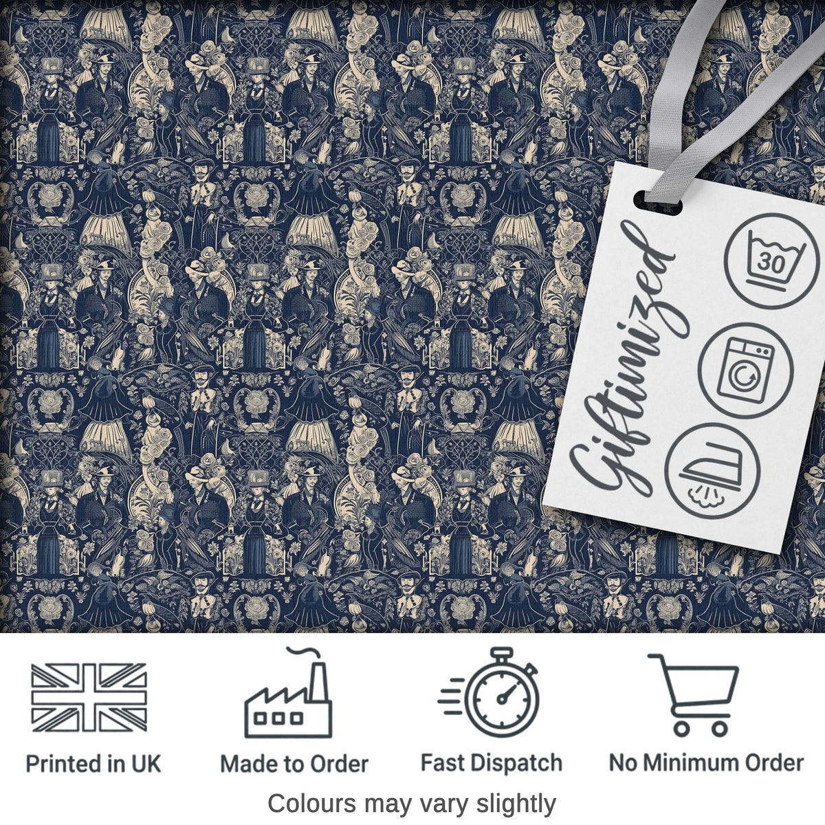 Victorian Ladies and Gentlemen Toile Pattern in Navy Seamless Digital Print Fabric by the Metre UK Sewing Quilting Textile
