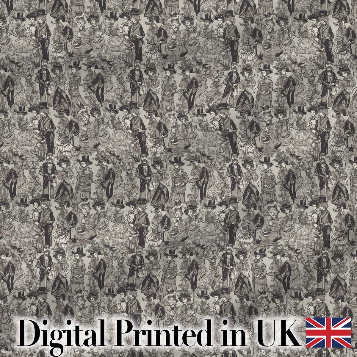 Antique Victorian Society Illustration Pattern Monochrome Seamless Digital Print Fabric by the Metre UK Sewing Quilting Textile