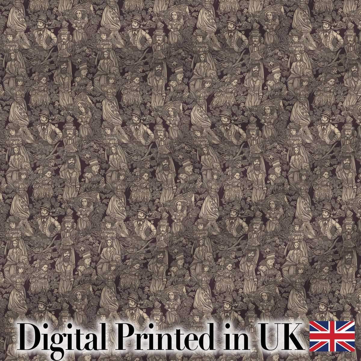 Classic Victorian Garden People Scene Pattern in Sepia Seamless Digital Print Fabric by the Metre UK Sewing Quilting Textile