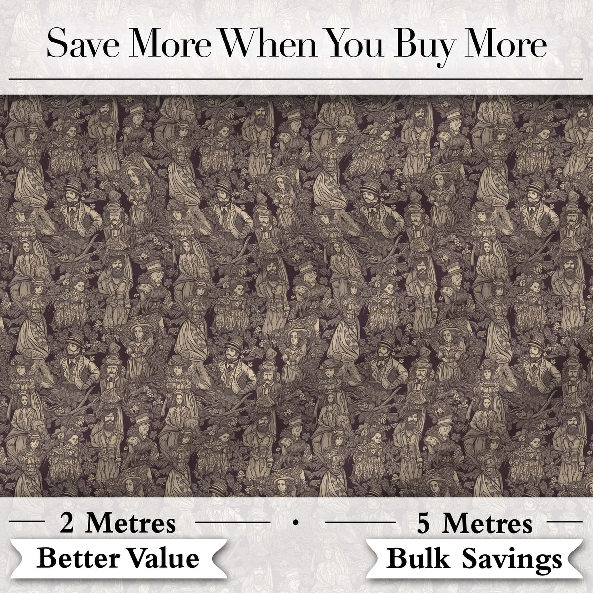 Classic Victorian Garden People Scene Pattern in Sepia Seamless Digital Print Fabric by the Metre UK Sewing Quilting Textile