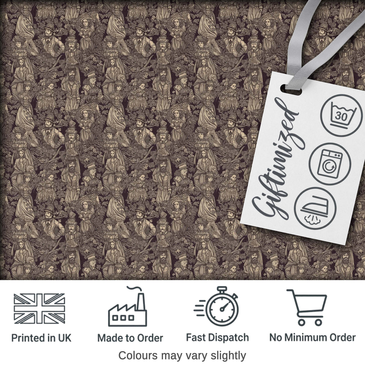 Classic Victorian Garden People Scene Pattern in Sepia Seamless Digital Print Fabric by the Metre UK Sewing Quilting Textile