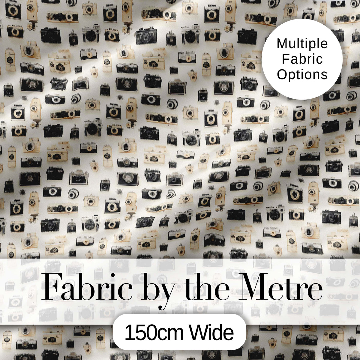 Retro Camera Collection Pattern Minimal Beige Seamless Digital Print Fabric by the Metre UK Sewing Quilting Textile