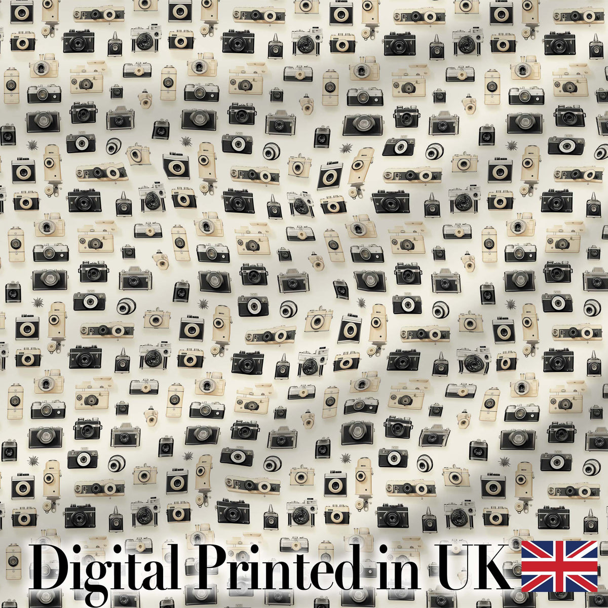 Retro Camera Collection Pattern Minimal Beige Seamless Digital Print Fabric by the Metre UK Sewing Quilting Textile