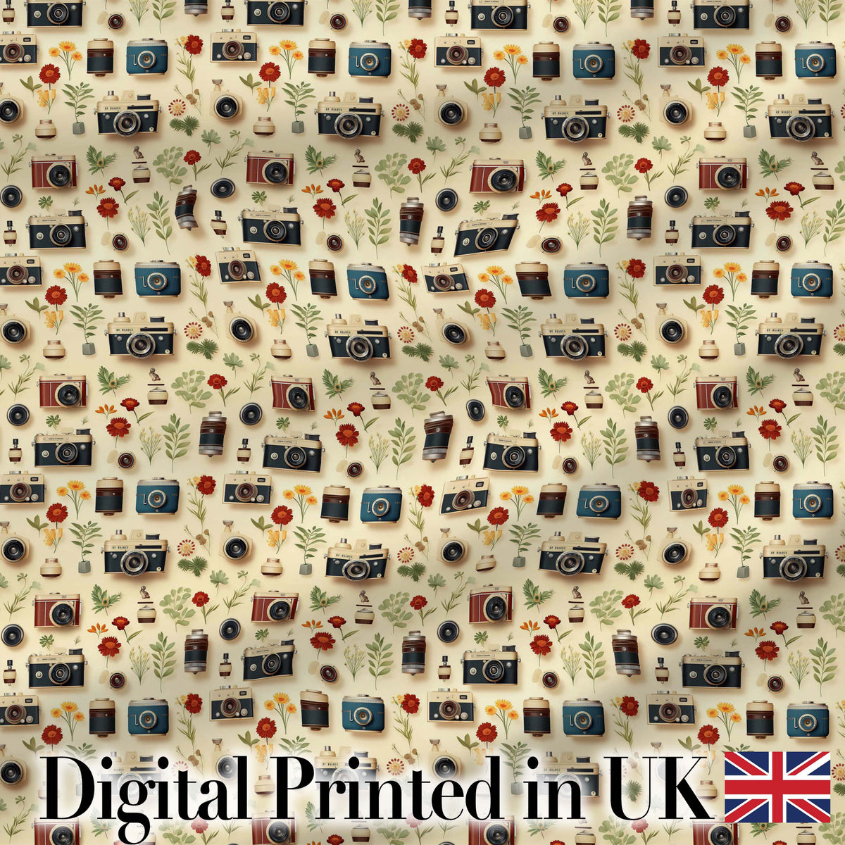 Vintage Cameras and Floral Elements Pattern Seamless Digital Print Fabric by the Metre UK Sewing Quilting Textile