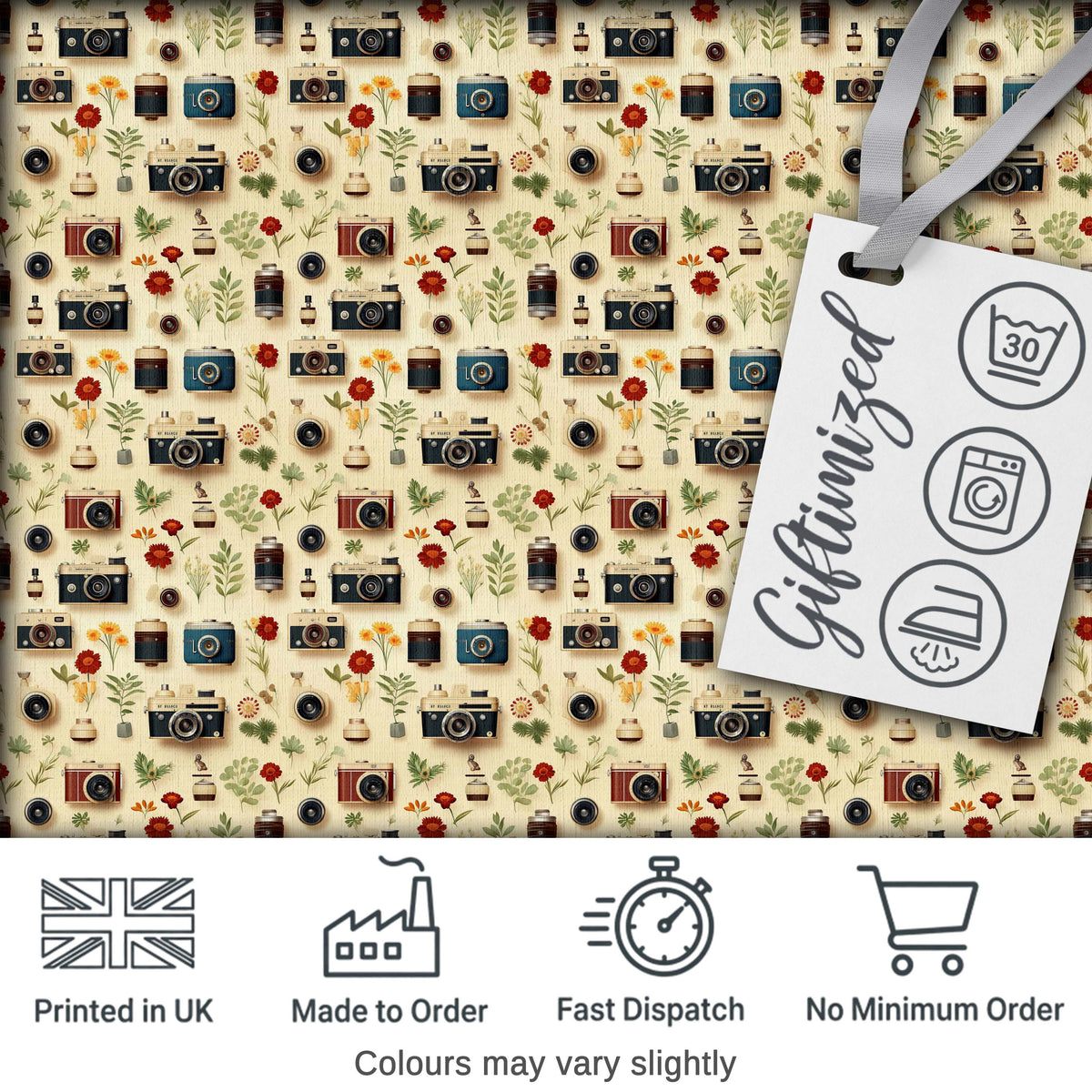 Vintage Cameras and Floral Elements Pattern Seamless Digital Print Fabric by the Metre UK Sewing Quilting Textile