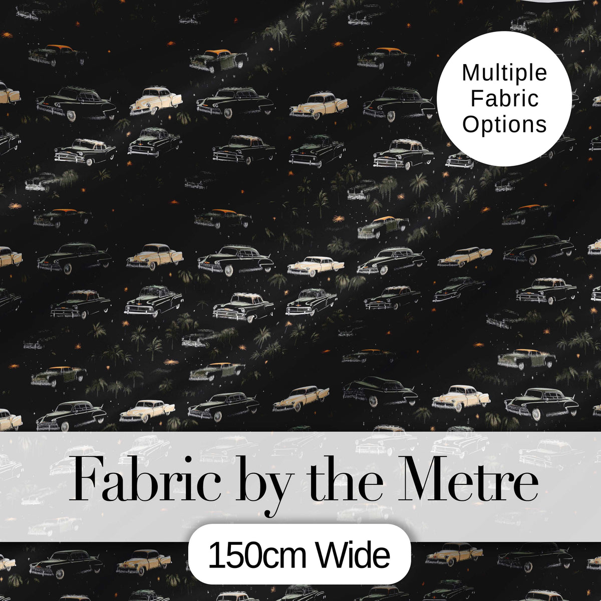 Classic Vintage Cars and Palm Trees Night Pattern Seamless Digital Print Fabric by the Metre UK Sewing Quilting Textile
