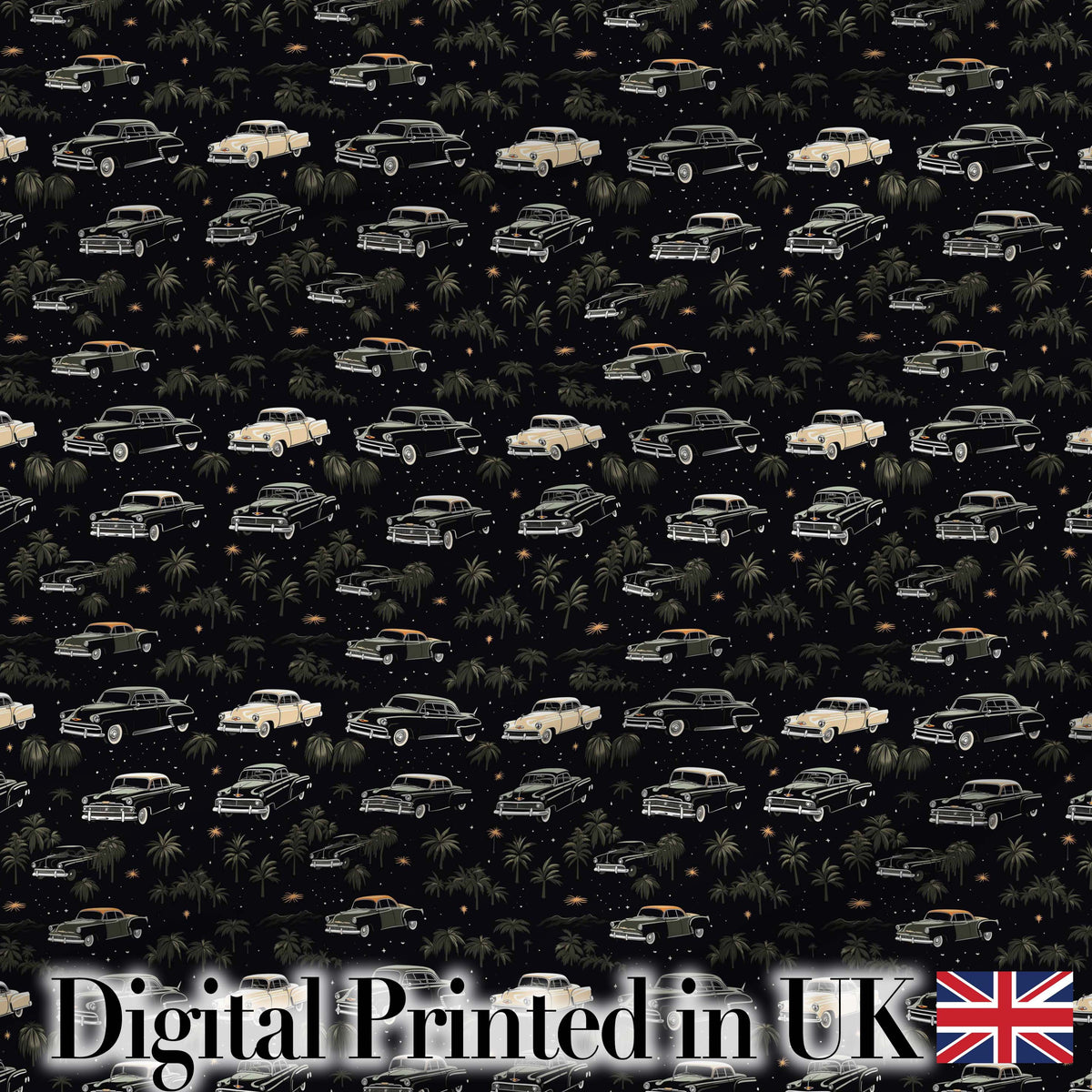 Classic Vintage Cars and Palm Trees Night Pattern Seamless Digital Print Fabric by the Metre UK Sewing Quilting Textile