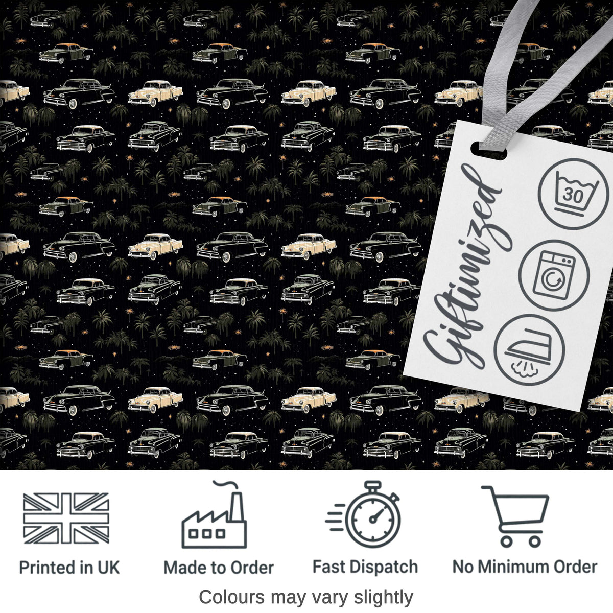 Classic Vintage Cars and Palm Trees Night Pattern Seamless Digital Print Fabric by the Metre UK Sewing Quilting Textile
