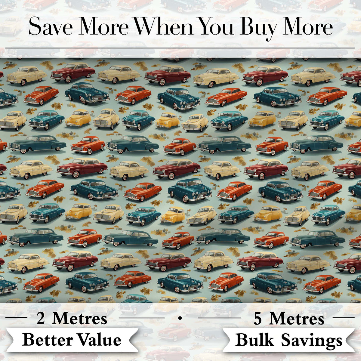 Colorful Retro Cars Autumn Leaves Pattern Seamless Digital Print Fabric by the Metre UK Sewing Quilting Textile