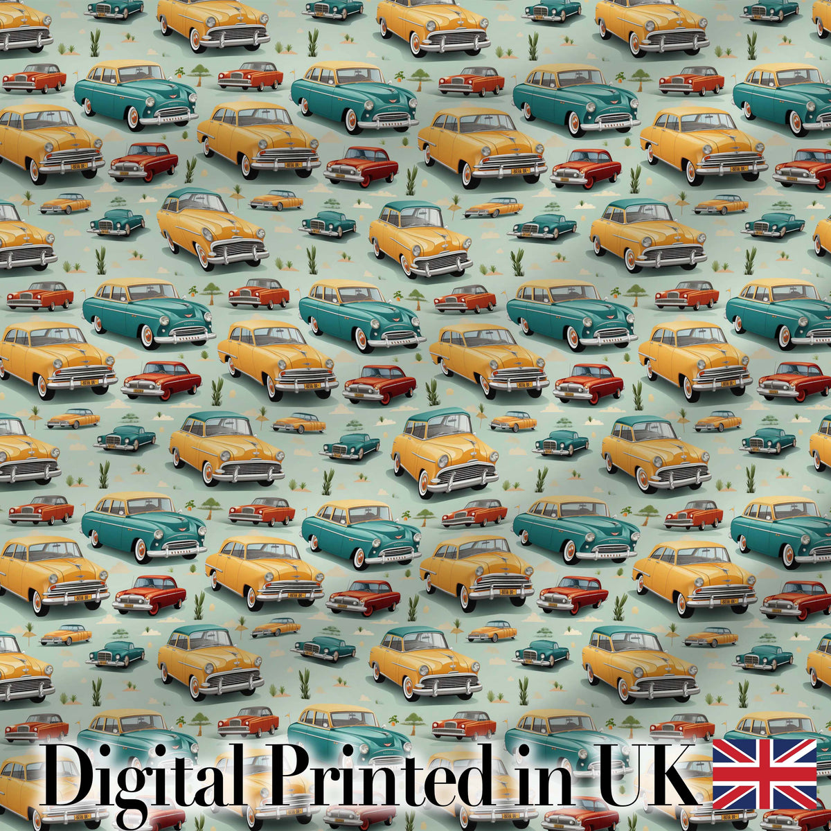 Mid Century Classic Cars Scenic Pattern Seamless Digital Print Fabric by the Metre UK Sewing Quilting Textile