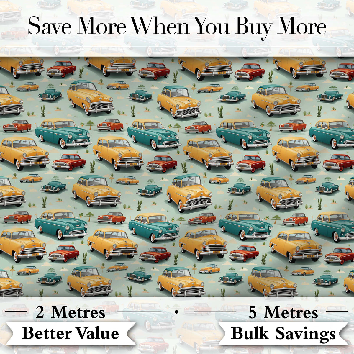 Mid Century Classic Cars Scenic Pattern Seamless Digital Print Fabric by the Metre UK Sewing Quilting Textile